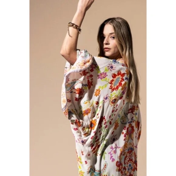 Colorful Vibrant Delphi Floral Paisley Open Wrap Duster Kimono Top One Size - Picture 8 of 9
